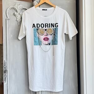 Fashion Nova “Adoring” Embellished T-Shirt Dress White Rhinestones Pearl S/M NWT